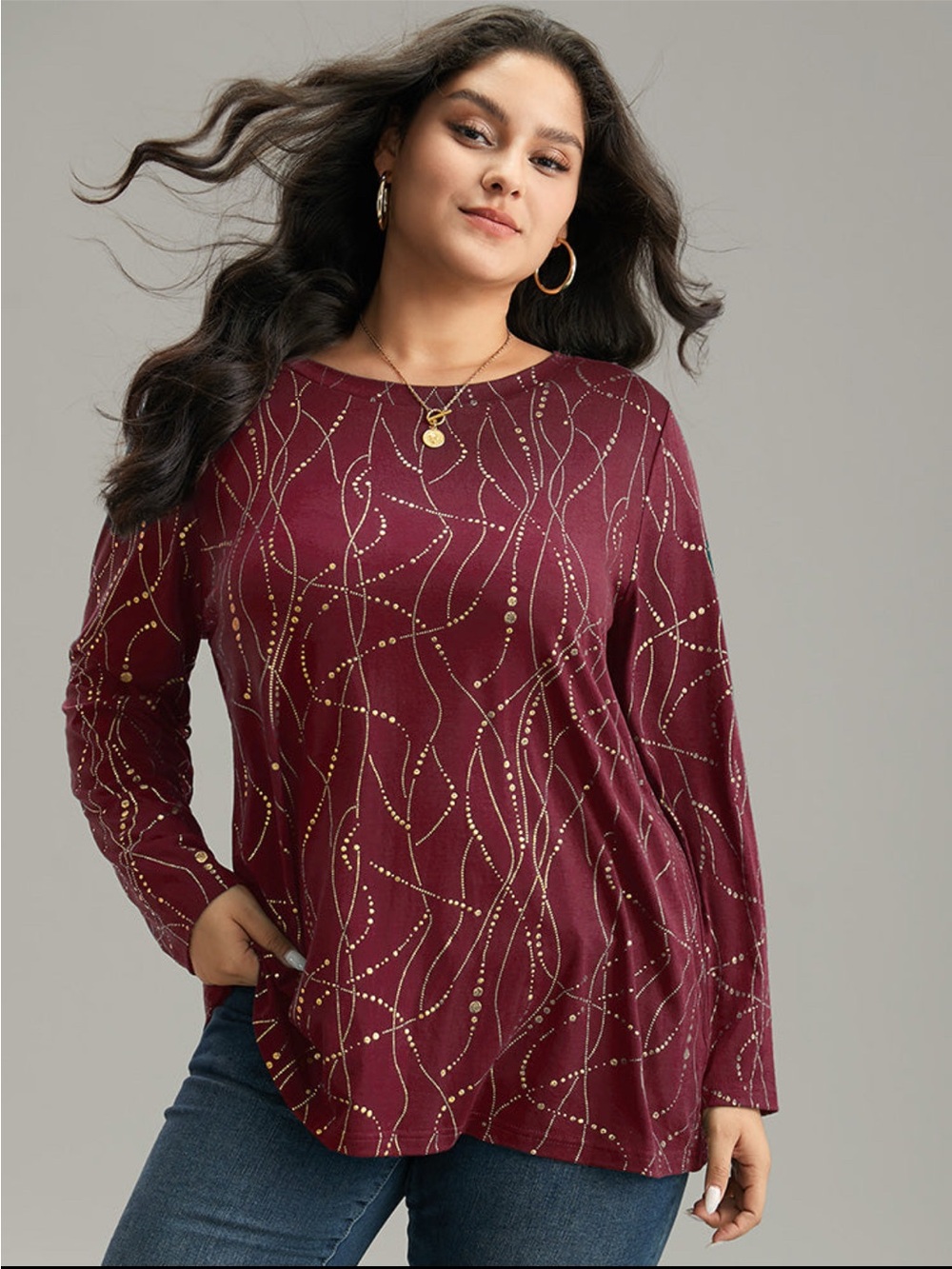 BloomChic Metallic Dot-Stripe Long Sleeve Top - Burgundy size 1X (14-16)